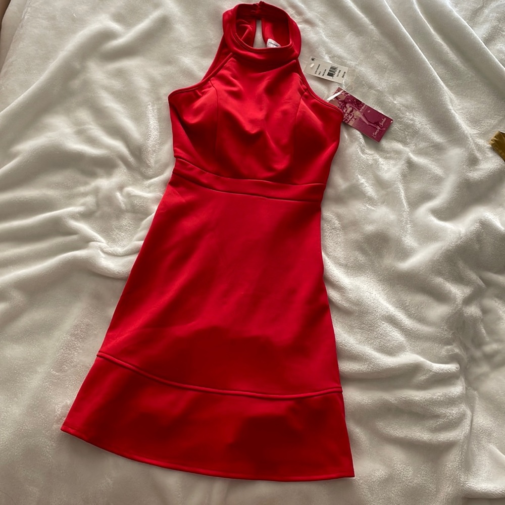Red halter midi dress with button closure